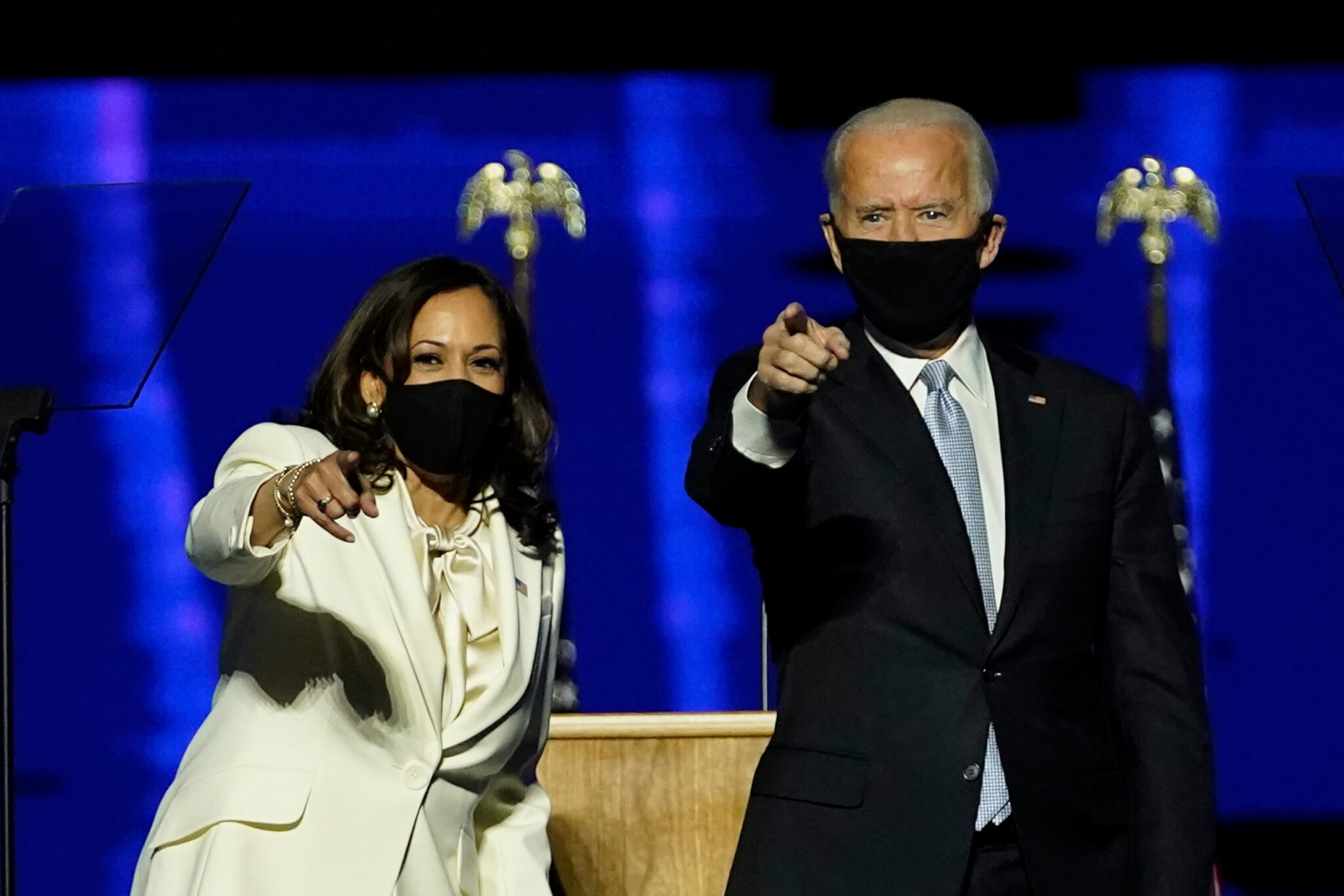 President elect Joe Biden and Vice President elect Kamala Harris deliver their victory speeches in Wilmington, Delaware, on Saturday, Nov. 7.