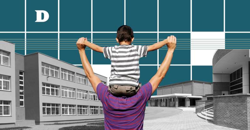 Son on father's shoulders walking towards school building.