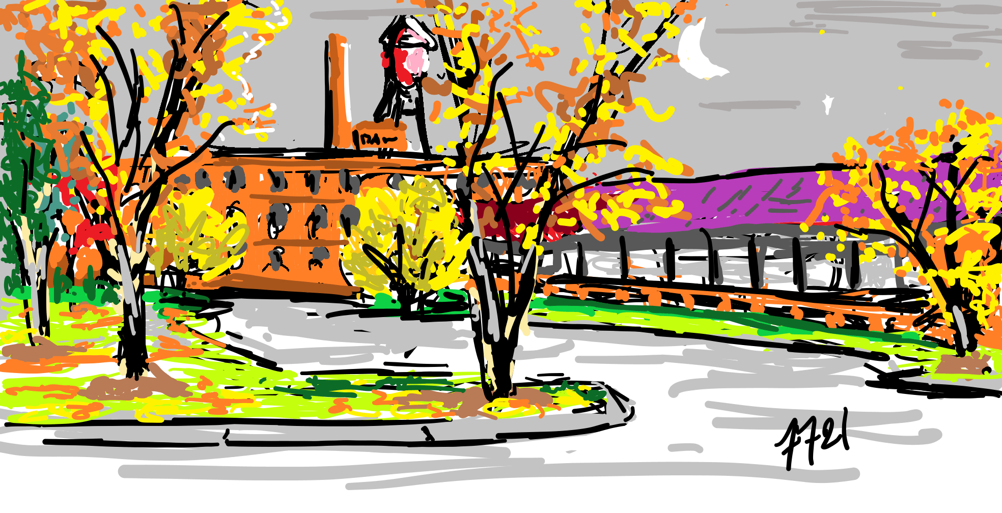 Illustrated landscape image with yellow tree and red water tower