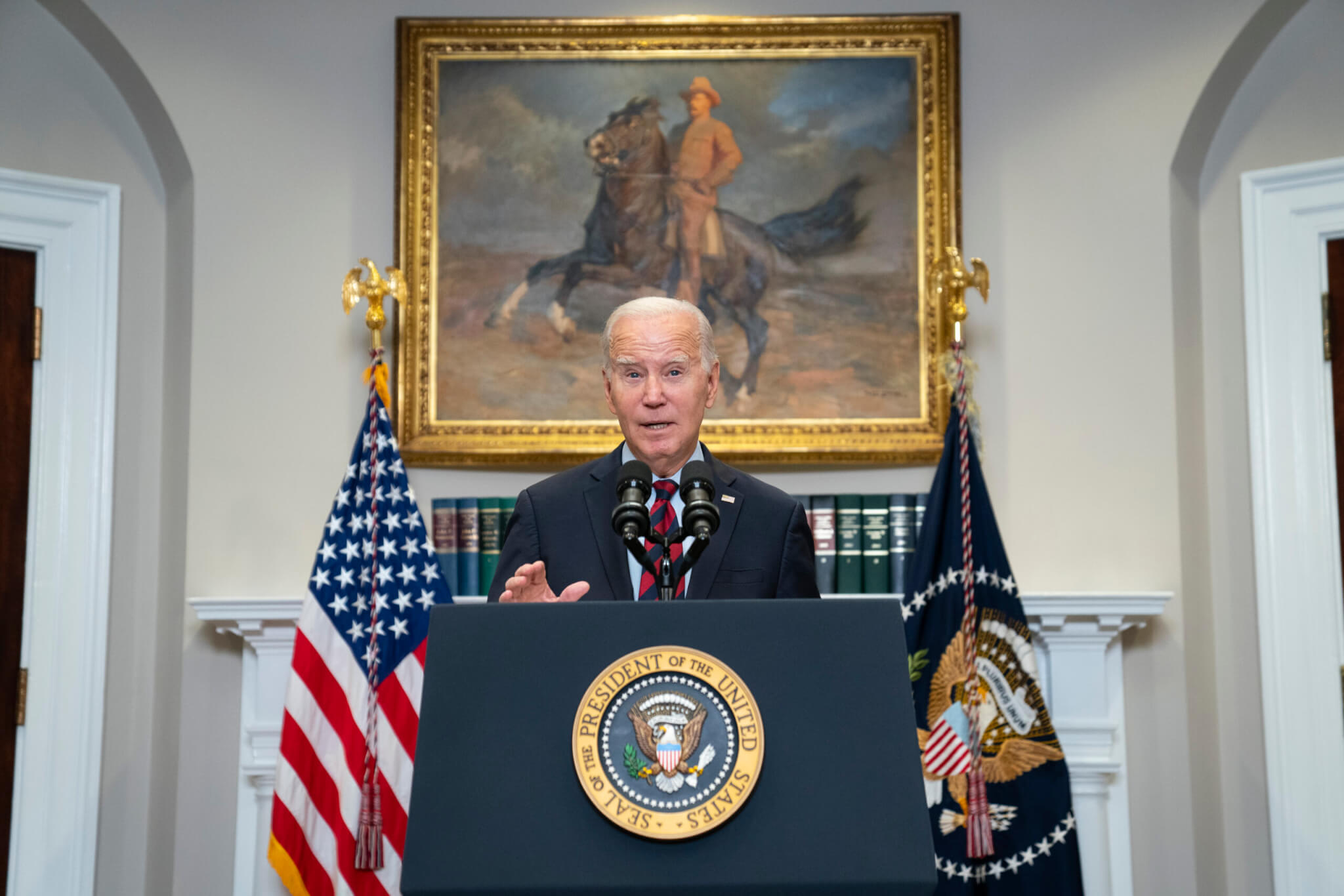 President Joe Biden delivers remarks on student loan debt forgiveness, in the Roosevelt Room of the White House