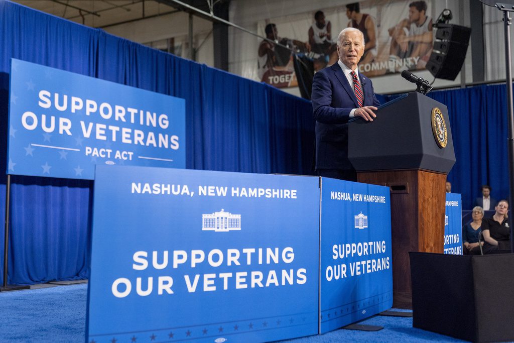 President Joe Biden speaks about the PACT Act at the Westwood Park YMCA, Tuesday, May 21, 2024, in Nashua, N.H. (AP Photo/Alex Brandon)