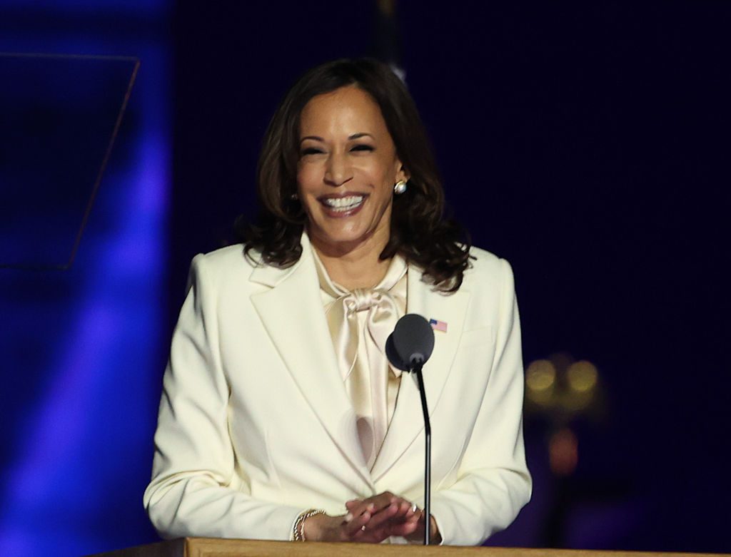 WILMINGTON, DELAWARE - NOVEMBER 07: Vice President-elect Kamala Harris takes the stage before President-elect Biden addresses the nation from the Chase Center November 07, 2020 in Wilmington, Delaware. After four days of counting the high volume of mail-in ballots in key battleground states due to the coronavirus pandemic, the race was called for Biden after a contentious election battle against incumbent Republican President Donald Trump. (Photo by Tasos Katopodis/Getty Images)