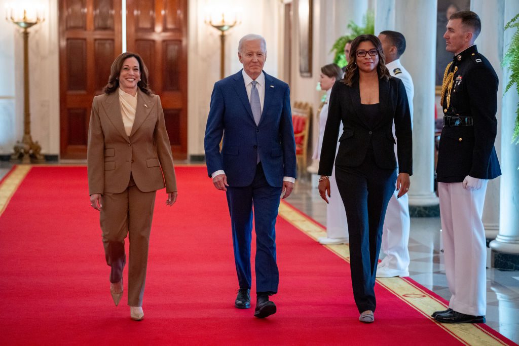 WASHINGTON, DC - MAY 9: (L-R) U.S. Vice President Kamala Harris, U.S. President Joe Biden and Las Vegas Aces Nikki Fargas arrive for a ceremony to celebrate the WNBA Champion Las Vegas Aces in the East Room of the White House on May 9, 2024 in Washington, DC. The Las Vegas Aces defeated the New York Liberty 70-69 in Game 4 of the 2023 WNBA Finals on October 18, 2023 at Barclays Center in Brooklyn, New York. (Photo by Andrew Harnik/Getty Images)