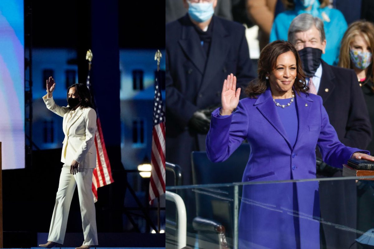 Two side by side images of Kamala Harris, one dressed in all white and one dressed in purple.