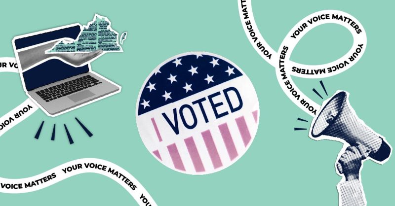 I Voted sticker on a branded elections background.