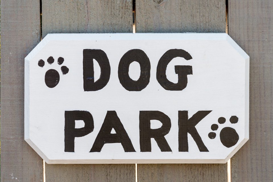 A wooden sign with 'dog park' handwritten on it.