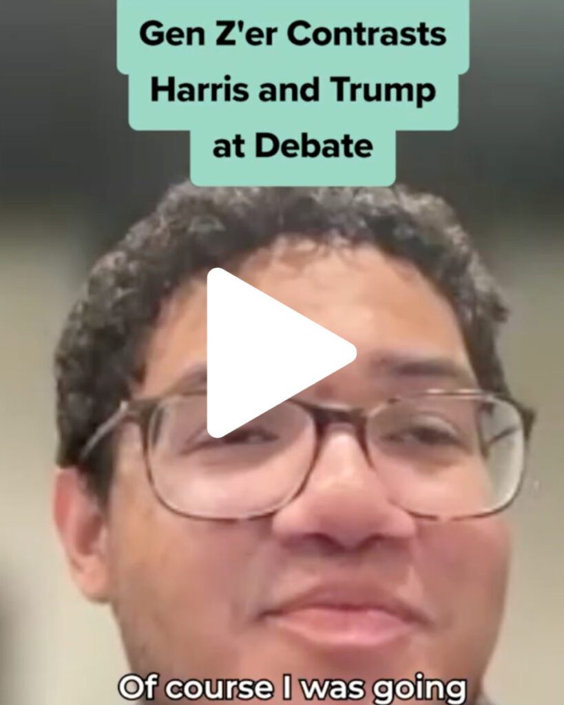 Young man with glasses with caption that reads Gen Z'er contrasts harris and trump at debate