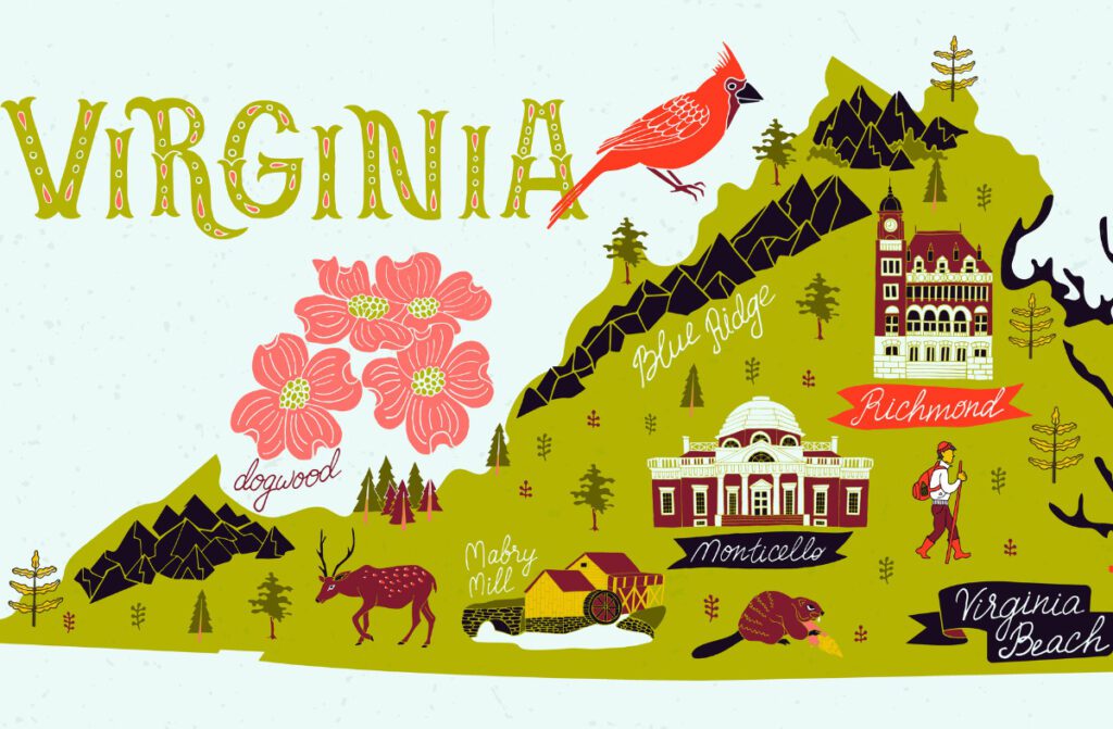 Illustrated map of Virginia, USA.