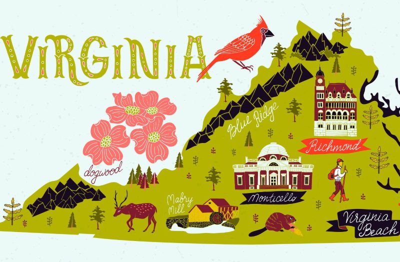 Illustrated map of Virginia, USA.
