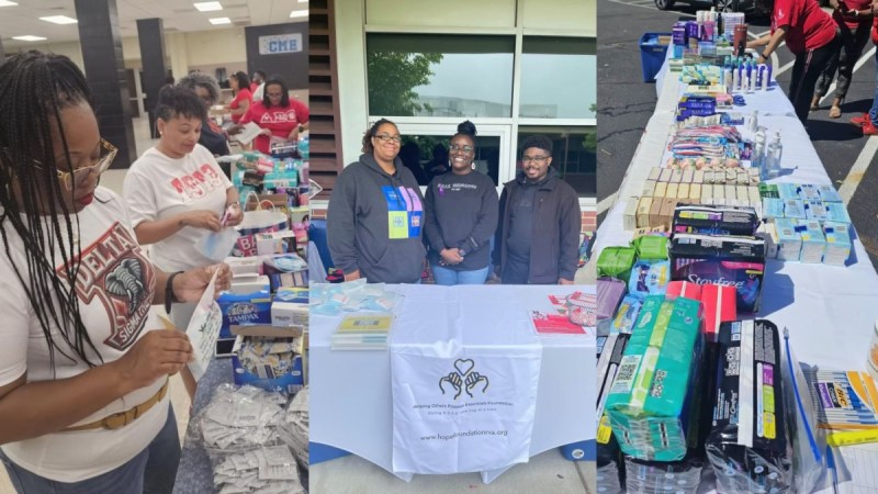 Photo collage of people filling packs up with period and hygiene products.