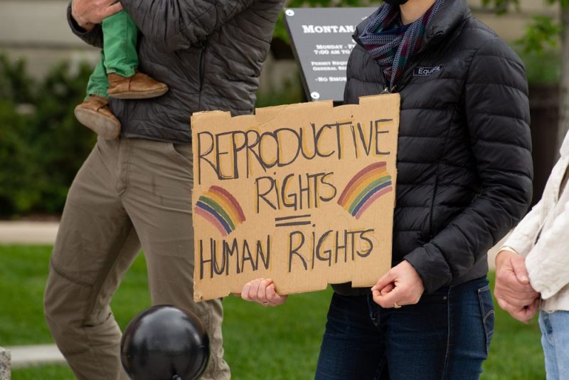 Person holding sign that reads, "Reproductive Rights Are Human Rights."