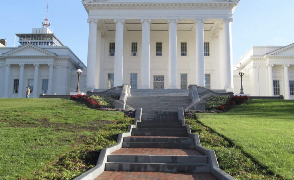 Exterior shot of the Virginia State Capitol building in Richmond