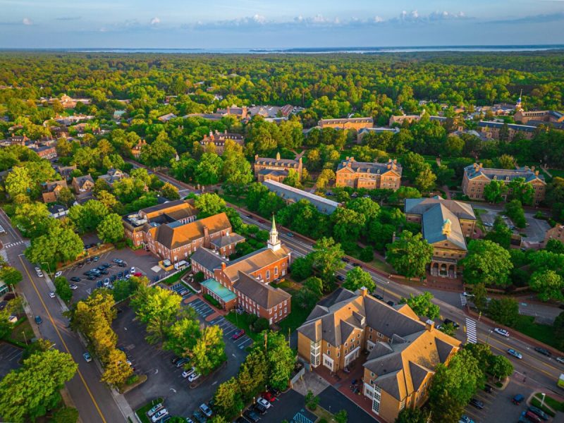 an aerial view of williamsburg, va, part of the state's historic triangle