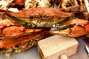 A feast of blue crab and a mallet to break the shells