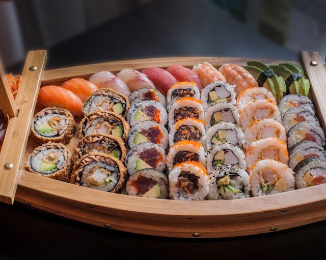 A platter of various types of sushi
