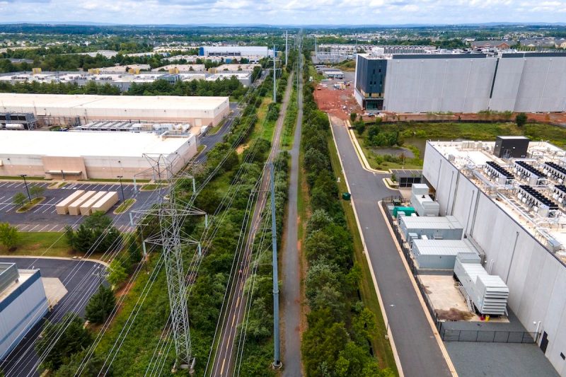 Photo of an overhead view showing high-voltage transmission lines in Virginia.