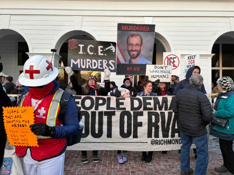 Demonstrators rally against US Immigration and Customs Enforcement at a rally in Hanover County on January 28, 2026.