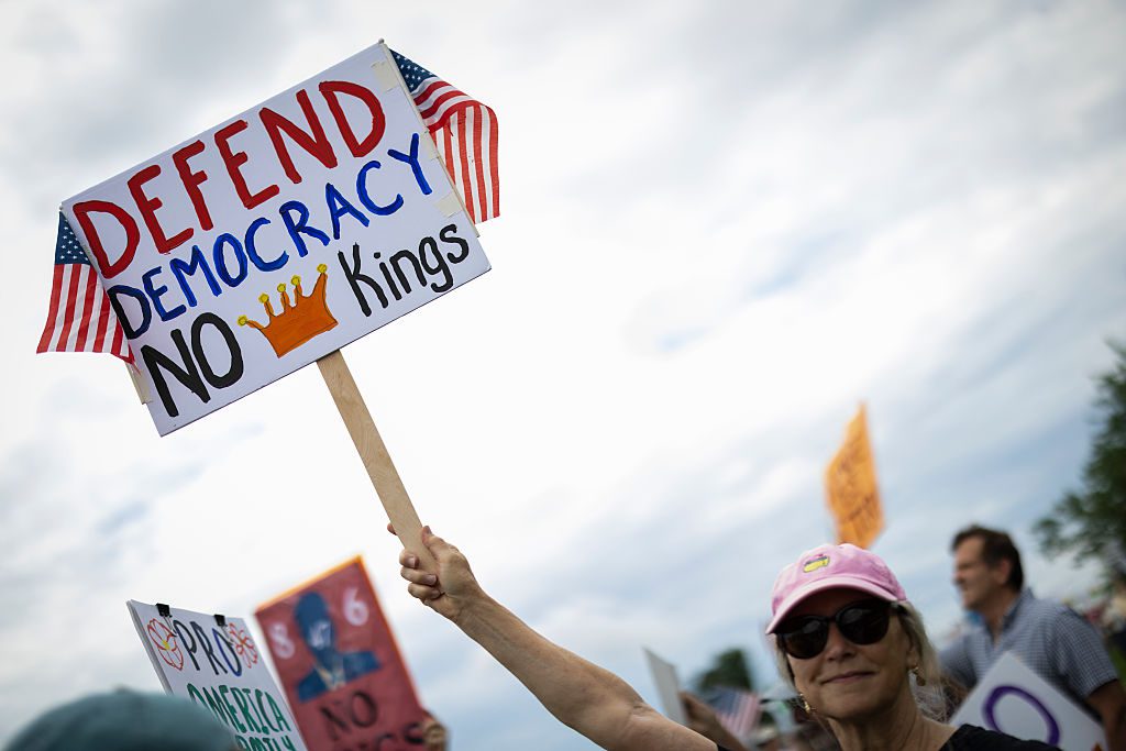 CHARLOTTESVILLE,VA June 14: Saturday, June 14, 2025 in Charlottesville, Va. A few thousand protesters showed up in Charlottesville, Virginia for "No Kings Nationwide Day of Defiance" along Route 29 in the city. Protestors ranged from young to old and many had signs against the president and his administration.