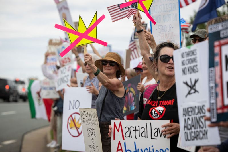 CHARLOTTESVILLE,VA June 14: Saturday, June 14, 2025 in Charlottesville, Va. A few thousand protesters showed up in Charlottesville, Virginia for "No Kings Nationwide Day of Defiance" along Route 29 in the city. Protestors ranged from young to old and many had signs against the president and his administration. NO KINGS PROTEST