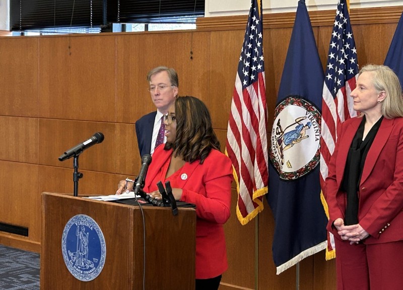 Sen. Lashrecse Aird, D-Henrico County, addresses a news conference about Virginia cannabis