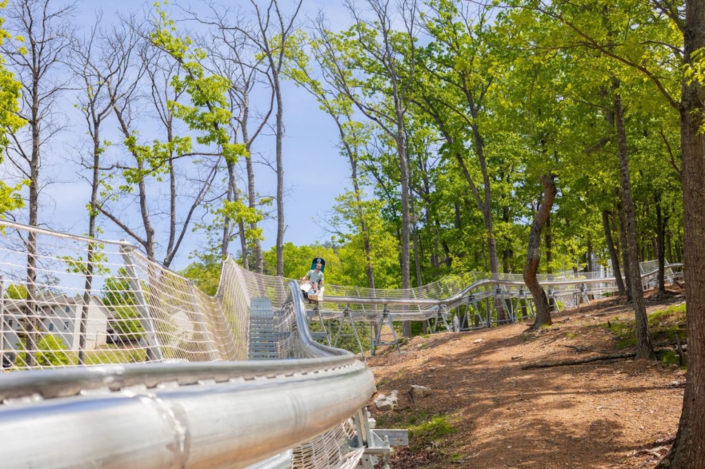 A man riding the first alpine coaster ride in Virginia
