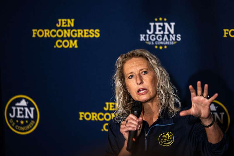U.S Rep. Jen Kiggans, R-Va., speaks to a crowd of supporters during a campaign rally at Dockside Bar and Grill in Chesapeake, Va., Saturday, Sept. 26, 2026.
